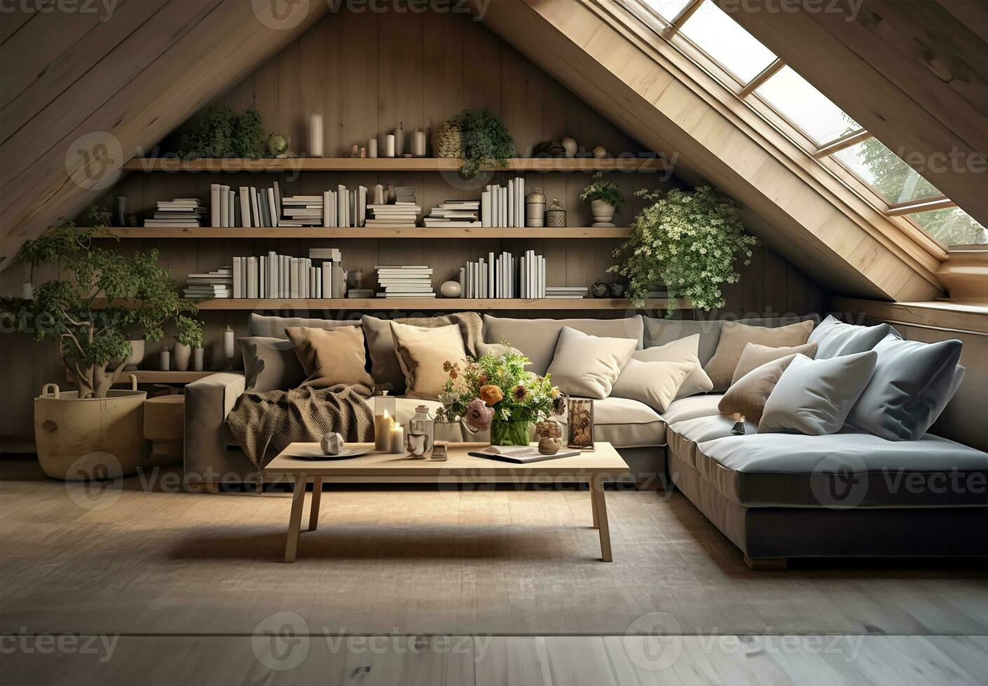 corner sofa placed against a shelving unit, set in a modern living room in the attic of a farmhouse. AI Generated photo