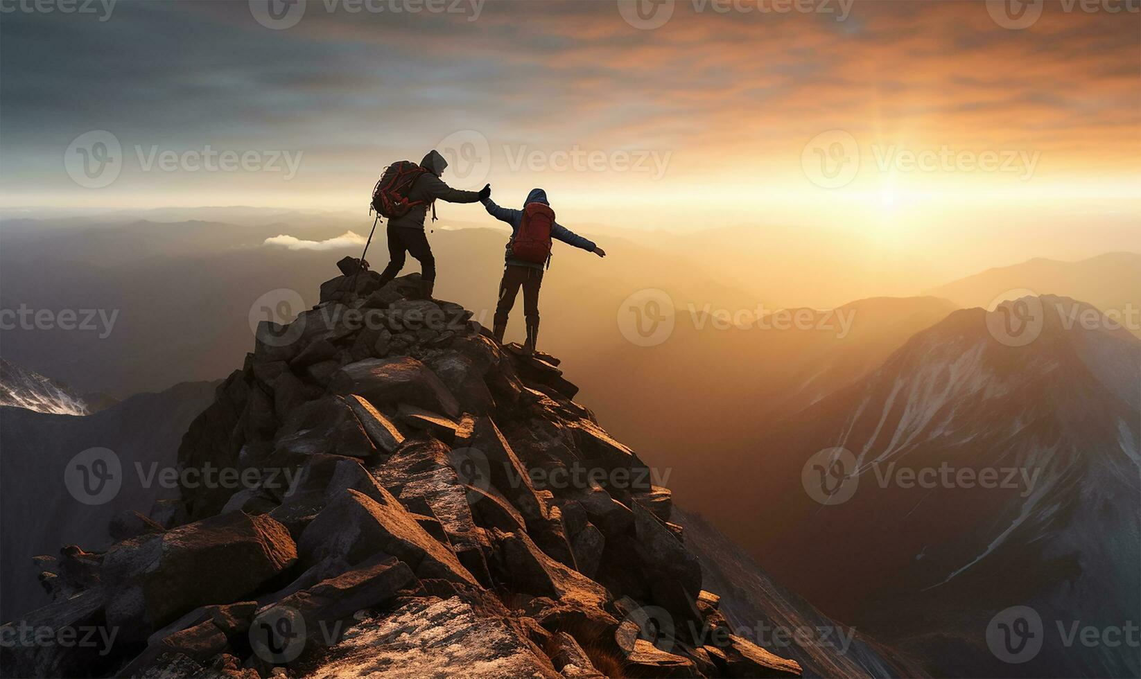One hiker extending a hand to help a friend reach the summit of a mountain. AI Generated photo