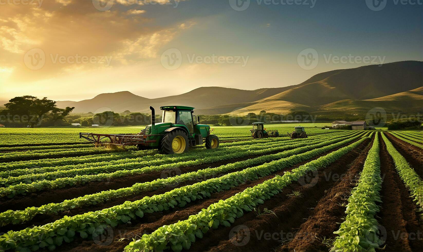 sprawling agricultural farm featuring fields of crops. AI Generated photo