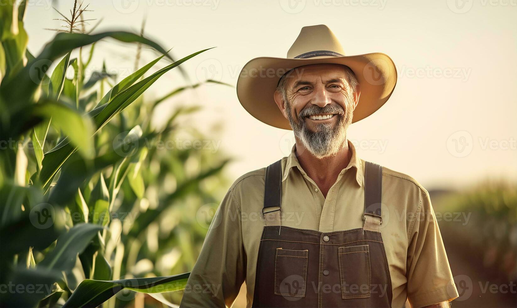 A modern farmer standing in a corn field. AI Generated photo