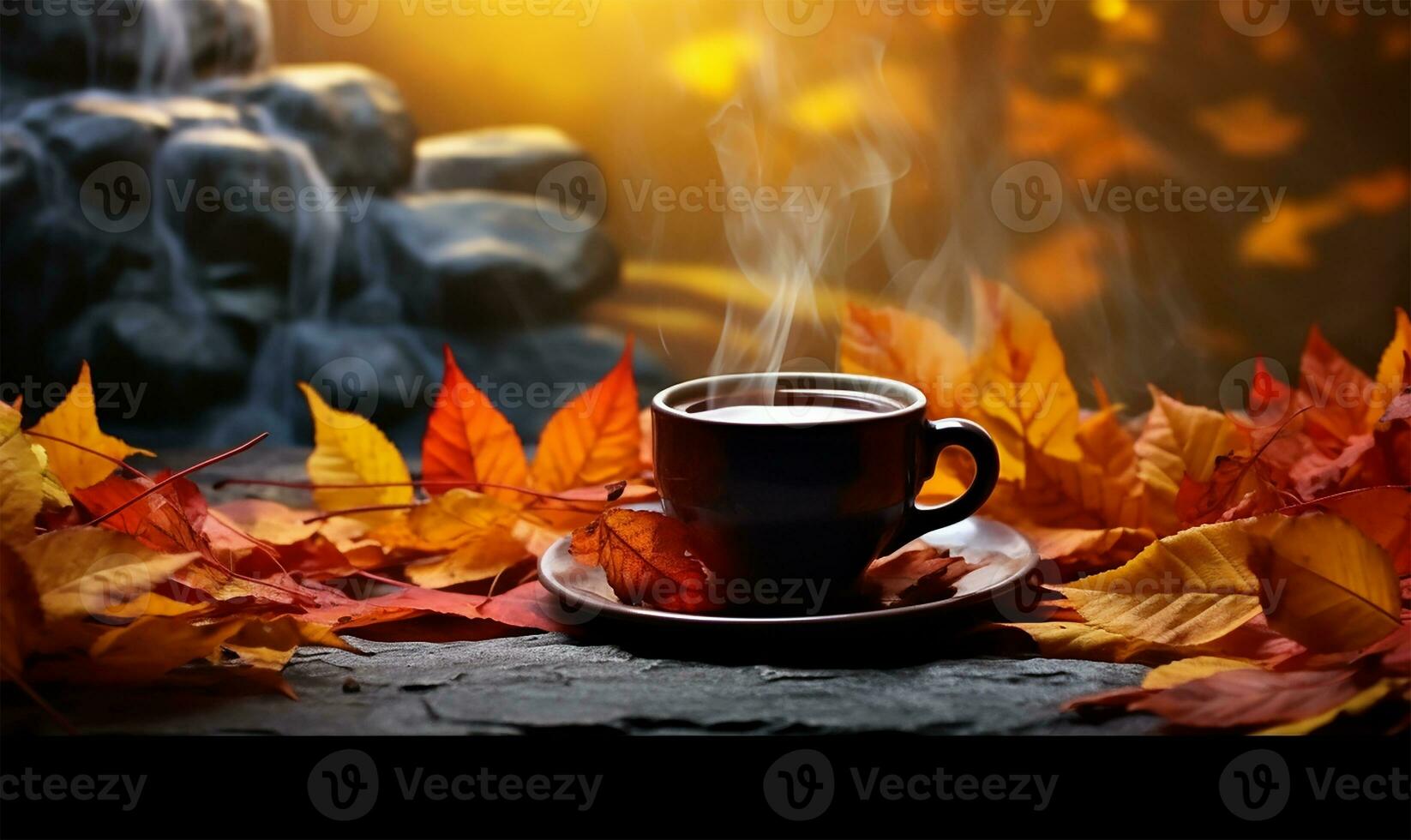 steaming coffee cup set against a backdrop of cascading autumn leaves. AI Generated photo