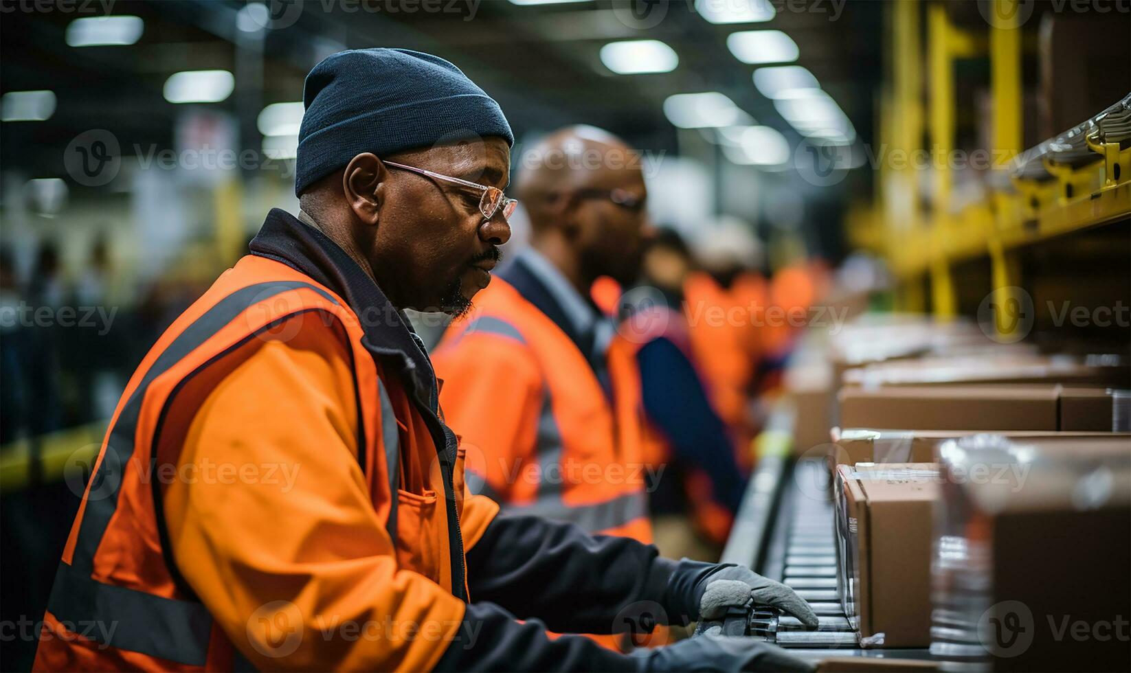 warehouse employees are seen in the midst of their tasks, swiftly moving and organizing shipment boxes. AI Generated photo