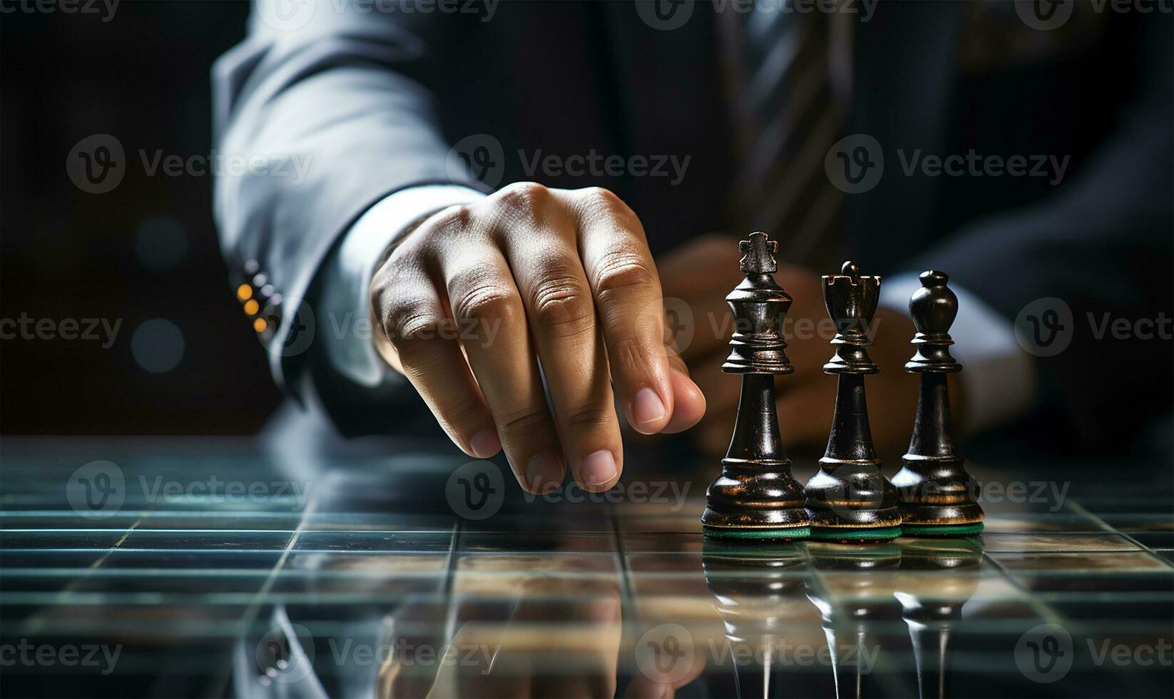 businessman's hand expertly maneuvering a chess piece on a detailed chess board. AI Generated photo