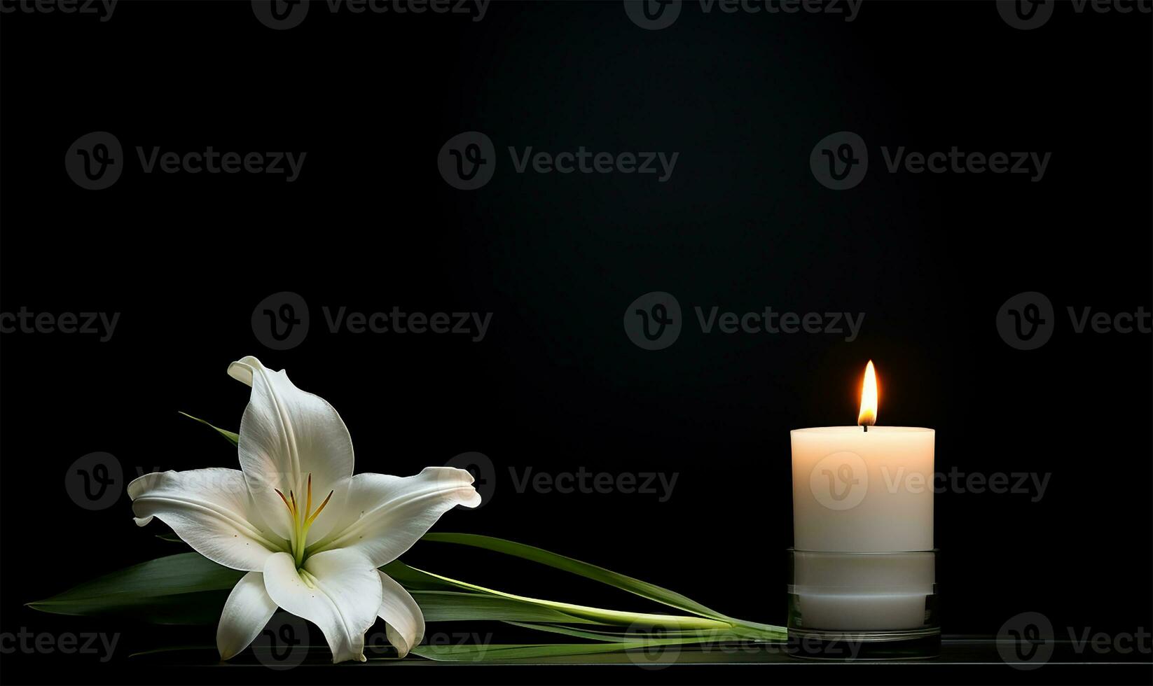 solitary and beautiful white lily placed beside a softly burning candle, set against a dark and somber background. AI Generated photo