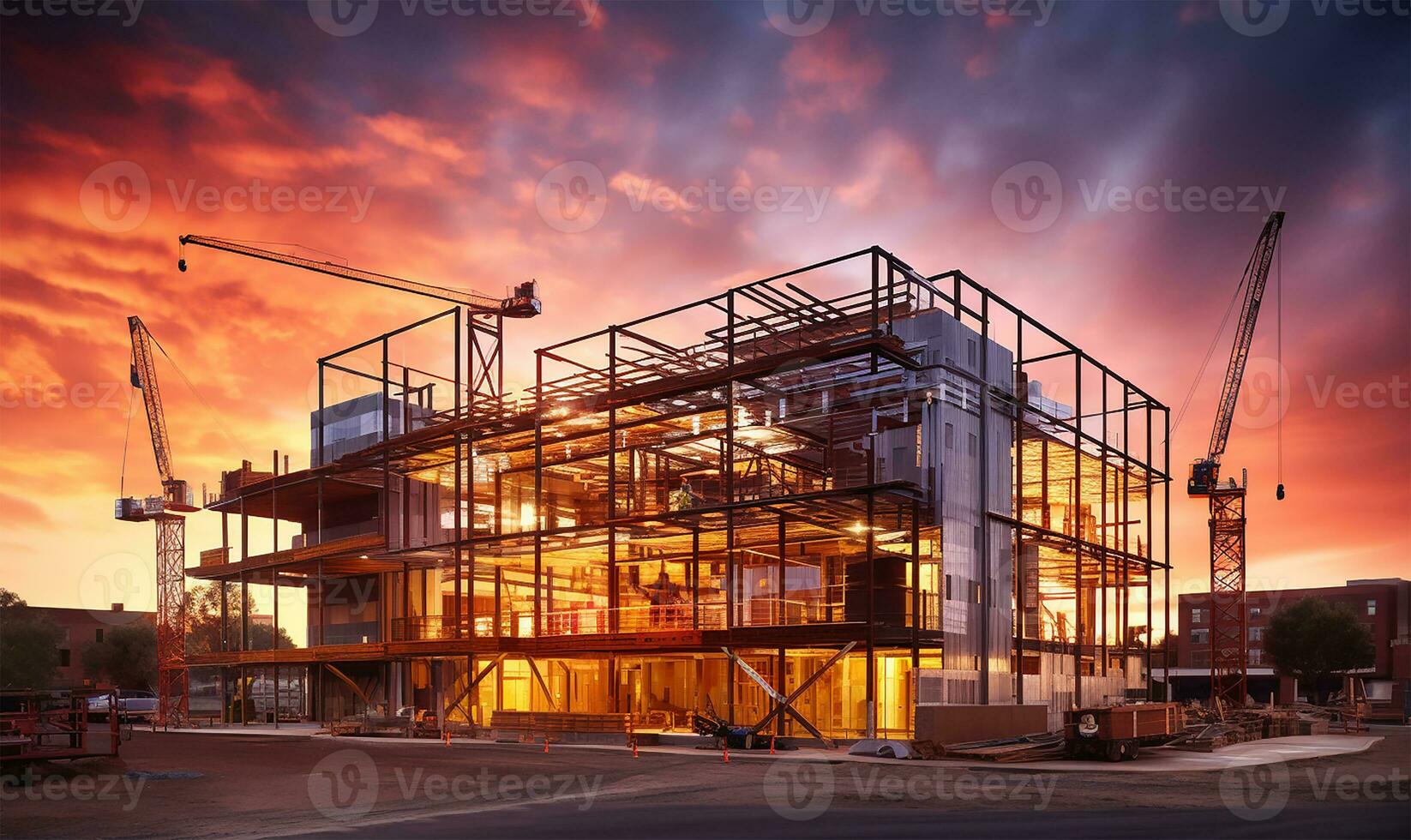 construction site of a large residential-commercial building with several floors already taking shape, juxtaposed against a metal framework. AI Generated photo