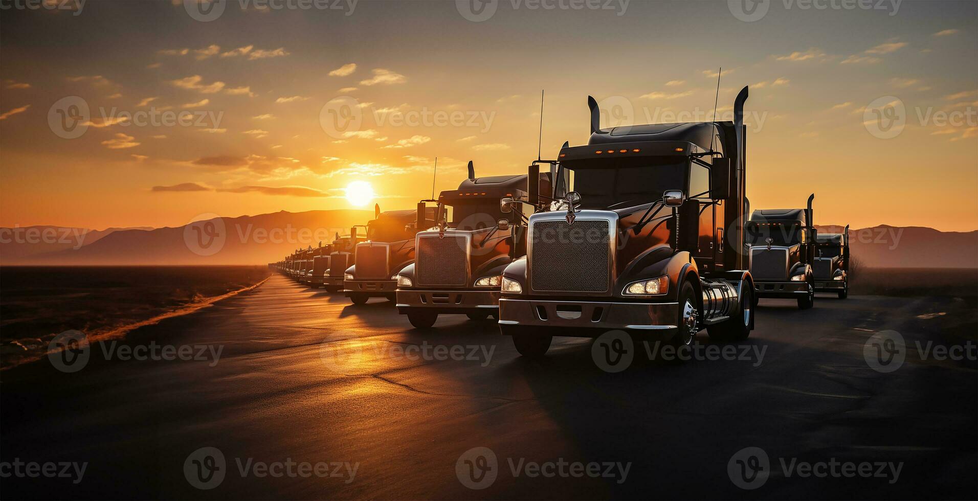 A row of parked trucks, silhouetted against the backdrop of a radiant sunrise. AI Generated photo