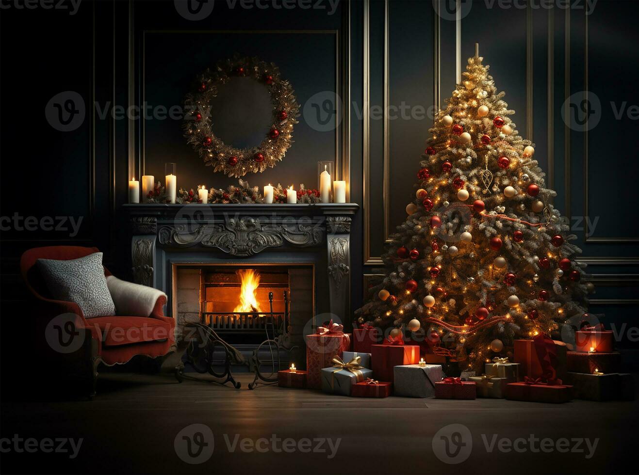 Christmas tree adorned with lights and ornaments next to a roaring fireplace in a room. AI Generated photo