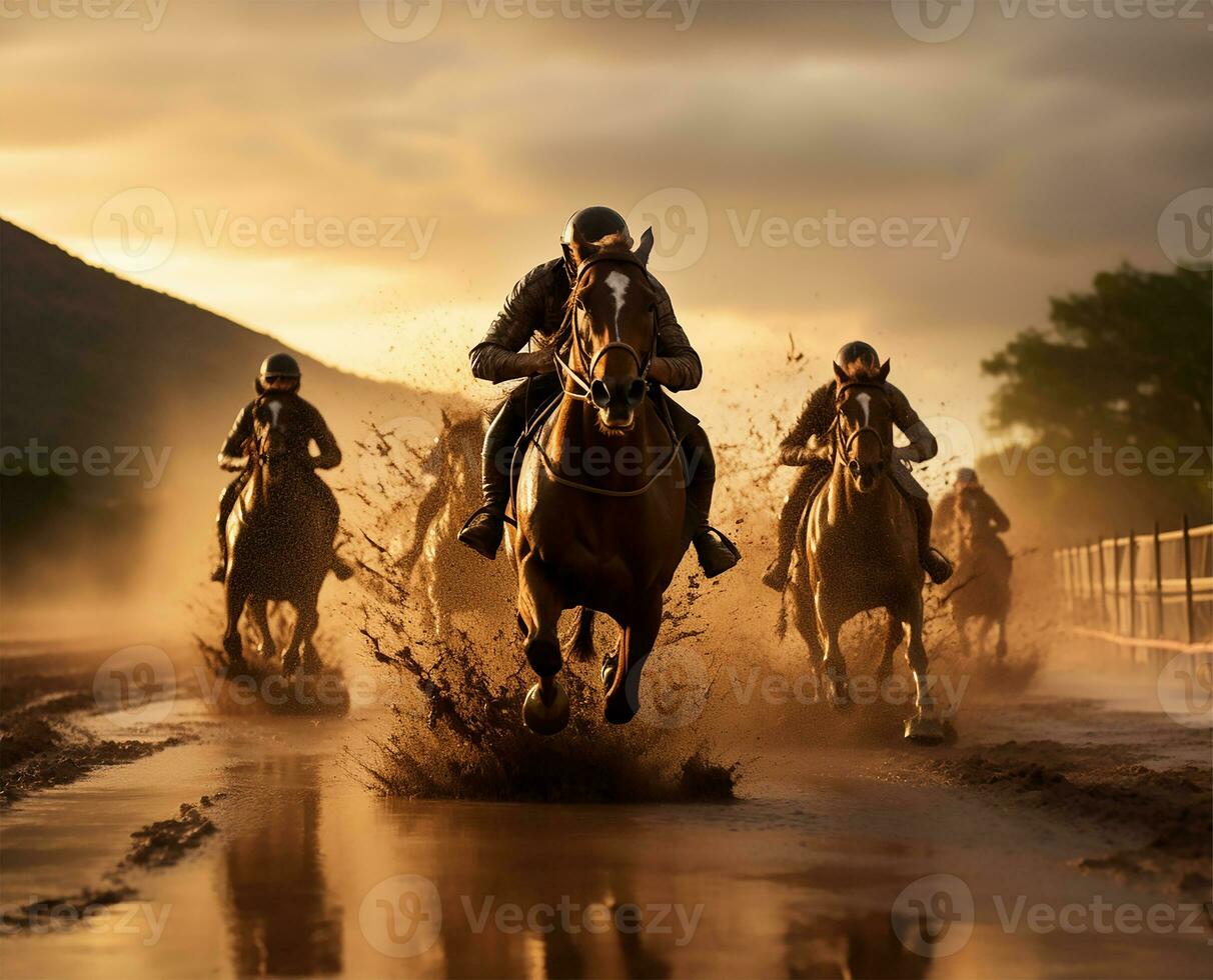 An intense moment captured during a horse race as jockeys, with sheer determination, push their horses to gain an advantage in the crucial last curve. AI Generated photo