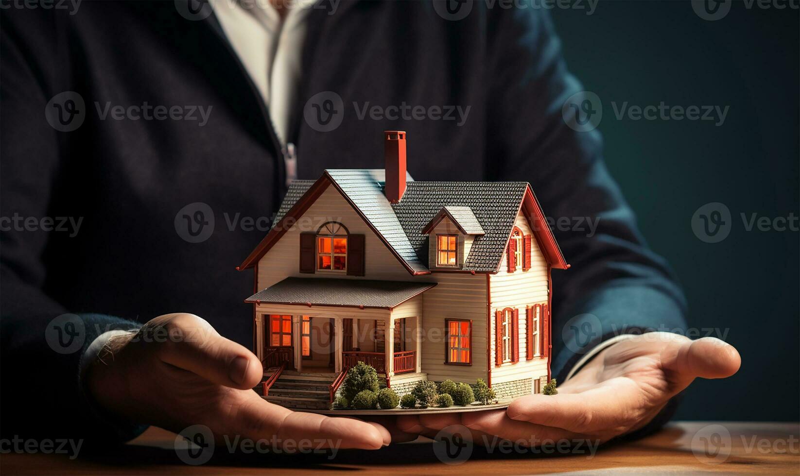 Man holding a detailed model of a house in his hands. AI Generated photo