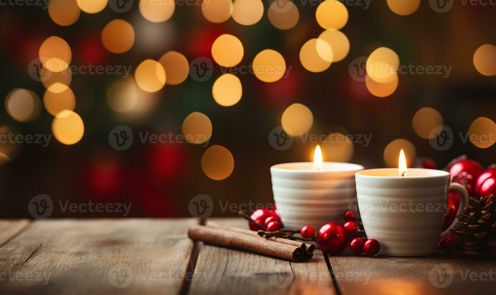 Navidad velas en un rústico de madera antecedentes. ai generado foto