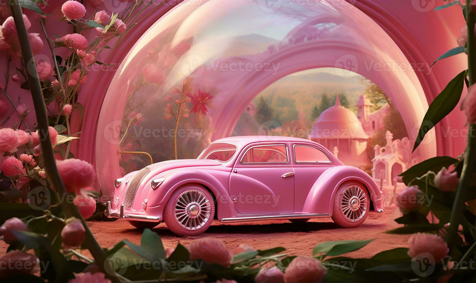 A pink car toy positioned in a setting that complements its playful nature. AI Generated photo
