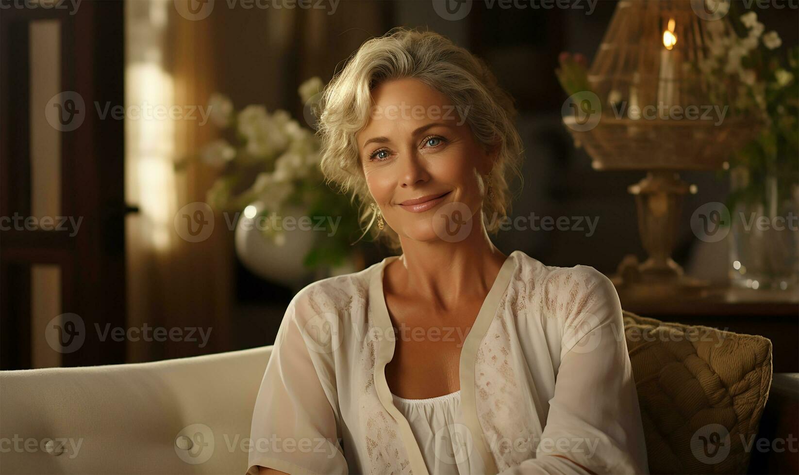 middle-aged woman, exuding contentment and grace, comfortably seated on a sofa in her living room. AI Generated photo