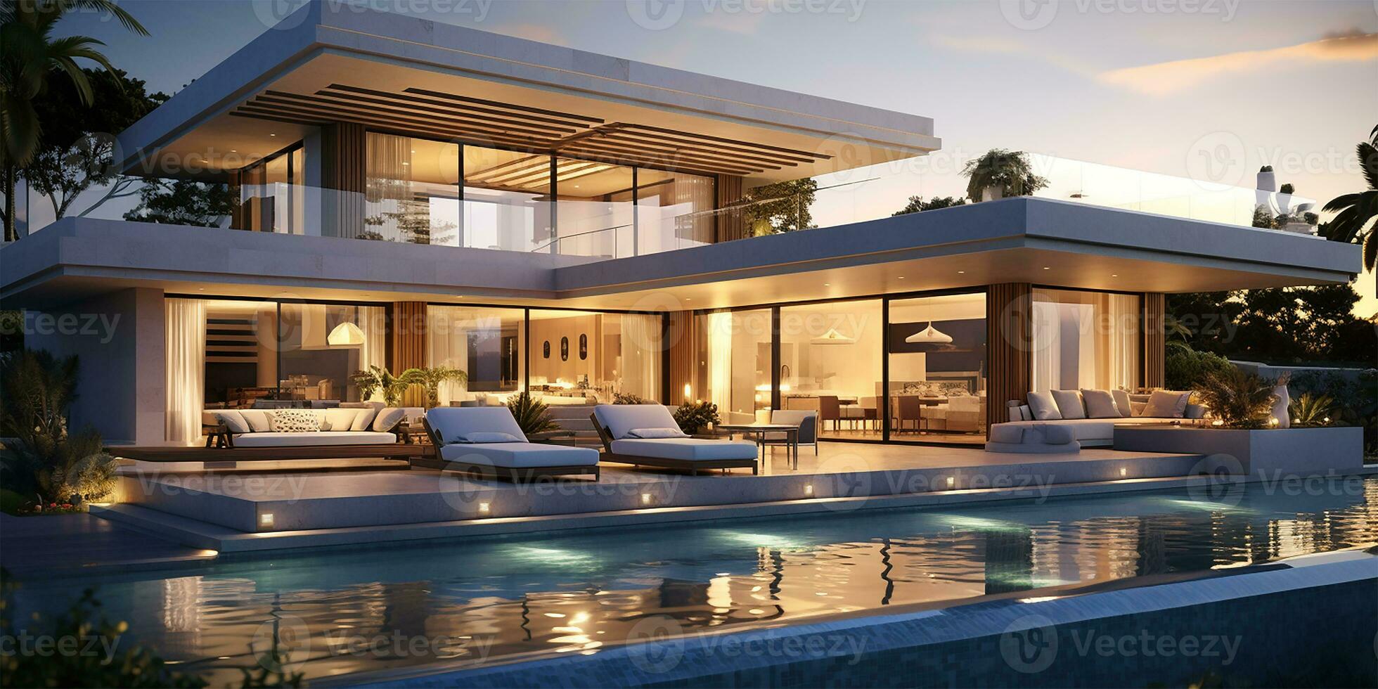 A modern villa showcasing open-plan living spaces and a private bedroom. AI Generated photo