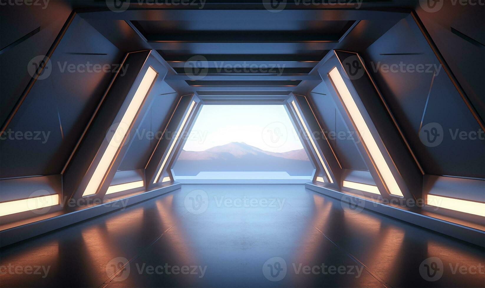 empty long light corridor designed as a futuristic Sci-Fi triangle tunnel. AI Generated photo
