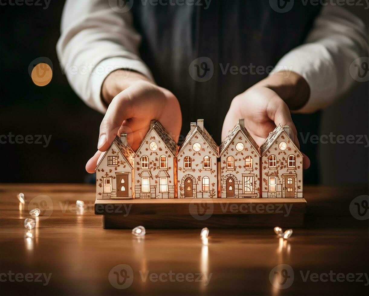 Man's hand delicately holding small wooden houses. AI Generated photo