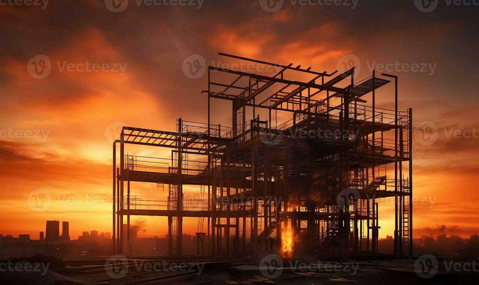 construction site of a large residential-commercial building with several floors already taking shape, juxtaposed against a metal framework. AI Generated photo