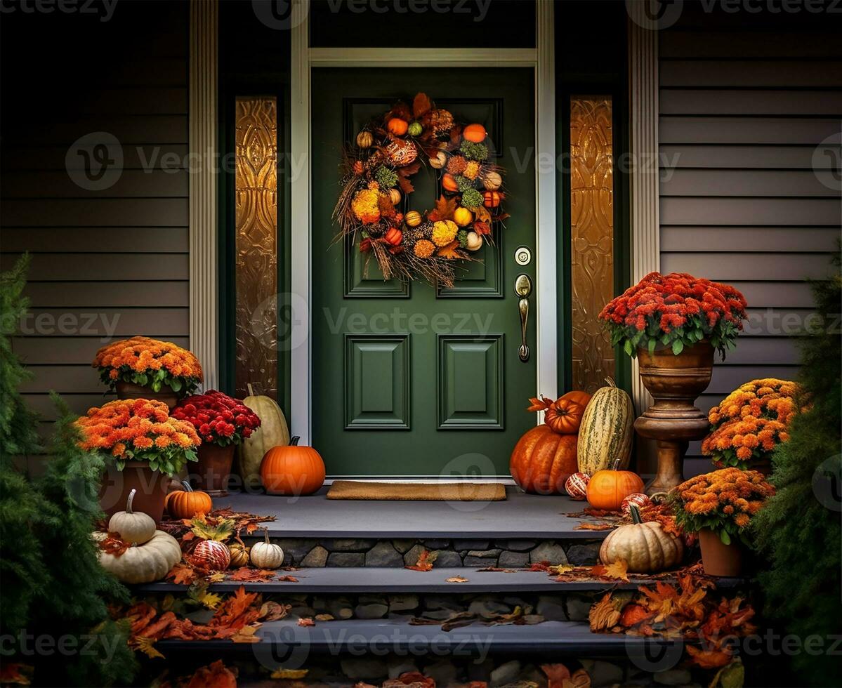 beautifully crafted fall wreath adorning a rich green front door, complemented by artful autumn flower pot arrangements gracing the steps. AI Generated photo