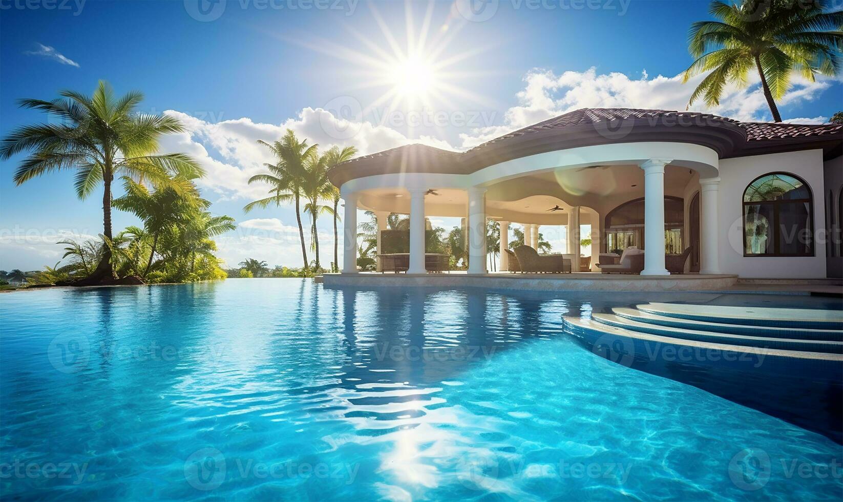 stunning home exterior bathed in sunlight, accompanied by a vast swimming pool that glistens under the clear blue sky. AI Generated photo