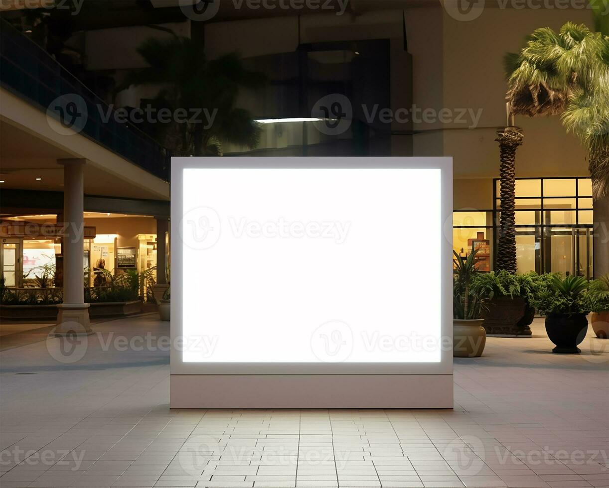 blank white mockup signboard positioned in a public shopping center. AI Generated photo