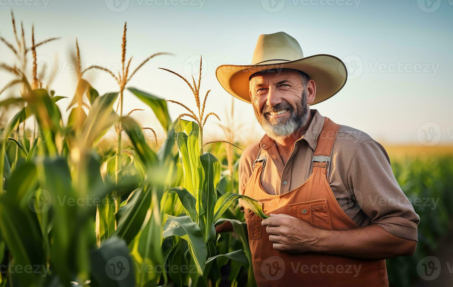 un moderno granjero en pie en un maíz campo. ai generado foto