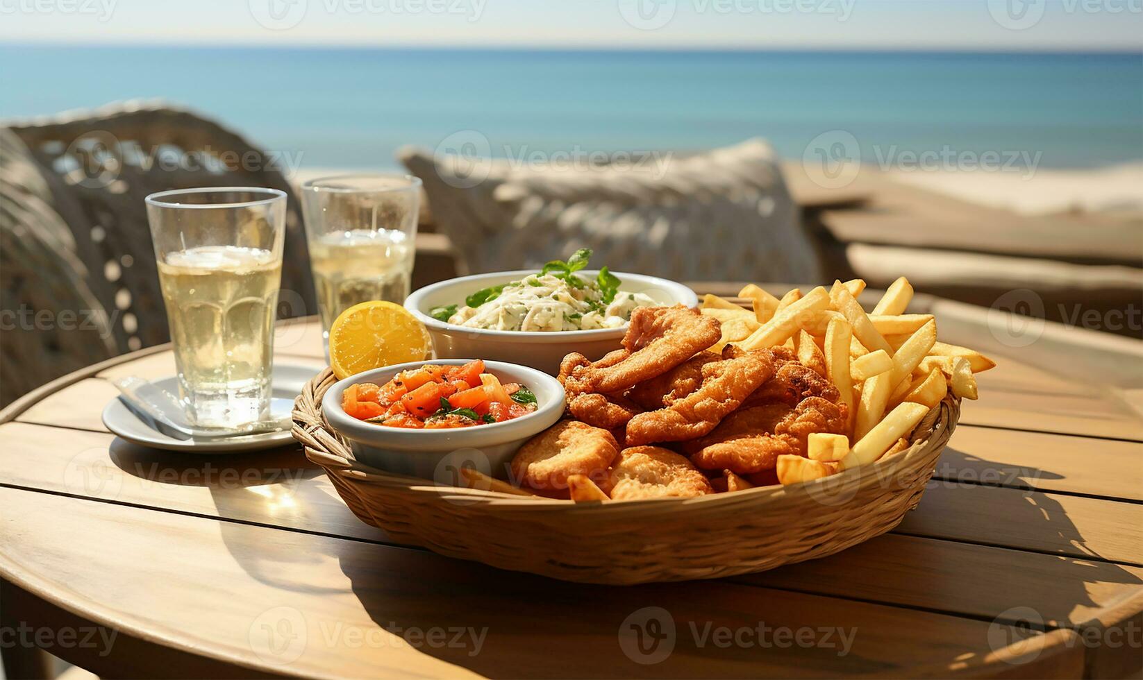 a plate of crispy fish and chips. AI Generated photo