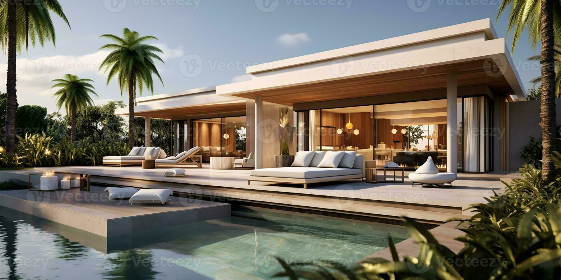 A modern villa showcasing open-plan living spaces and a private bedroom. AI Generated photo