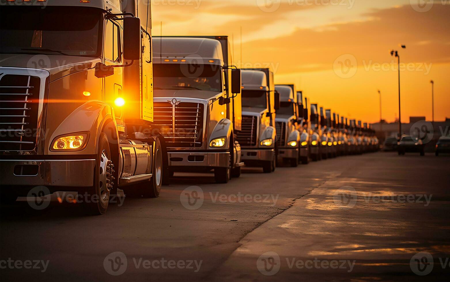 A row of parked trucks, silhouetted against the backdrop of a radiant sunrise. AI Generated photo