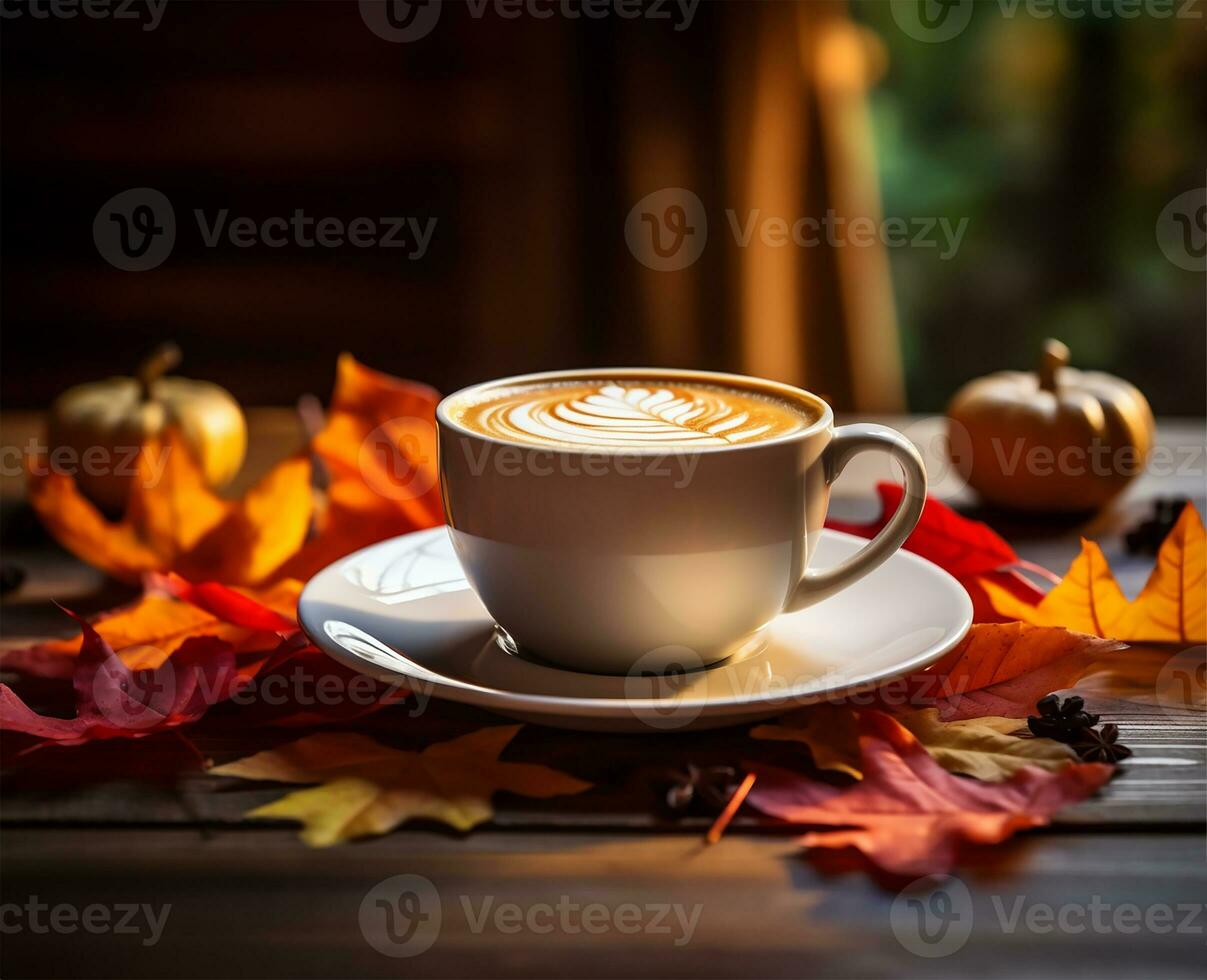 delicioso calabaza especia latté, humeante suavemente en un taza y platillo. ai generado foto