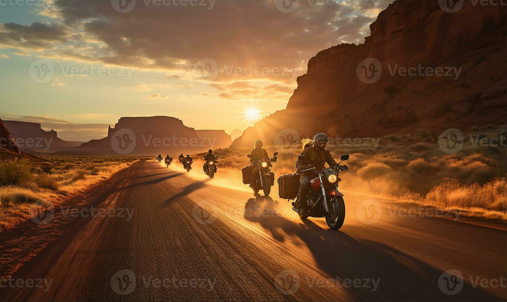 A group of motorcycle riders cruising together on a road. AI Generated photo