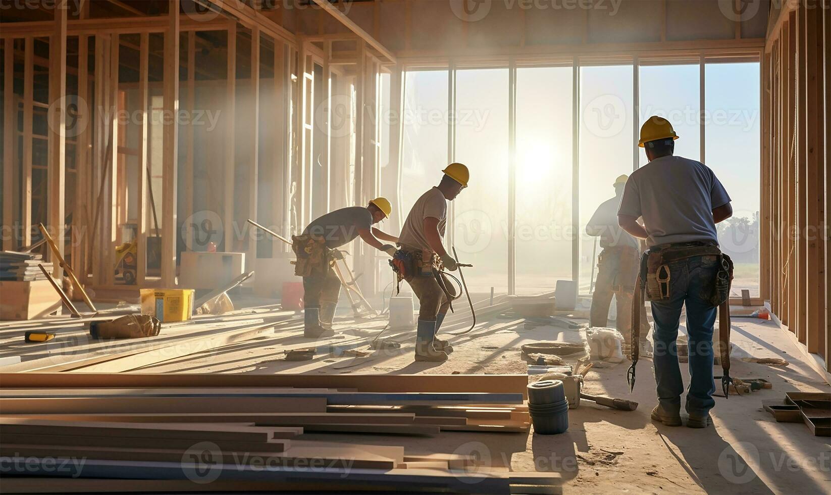 Workers diligently installing doors and windows in a new residential building. AI Generated photo