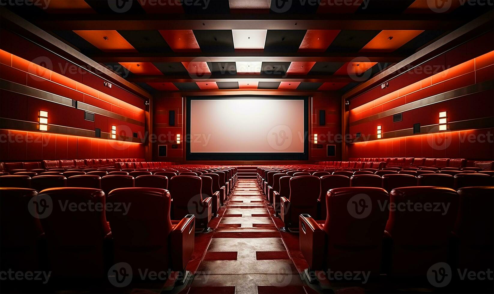 A meticulously arranged cinema hall bathed in a rich red hue, showcasing a vast white blank screen awaiting a projection. AI Generated photo
