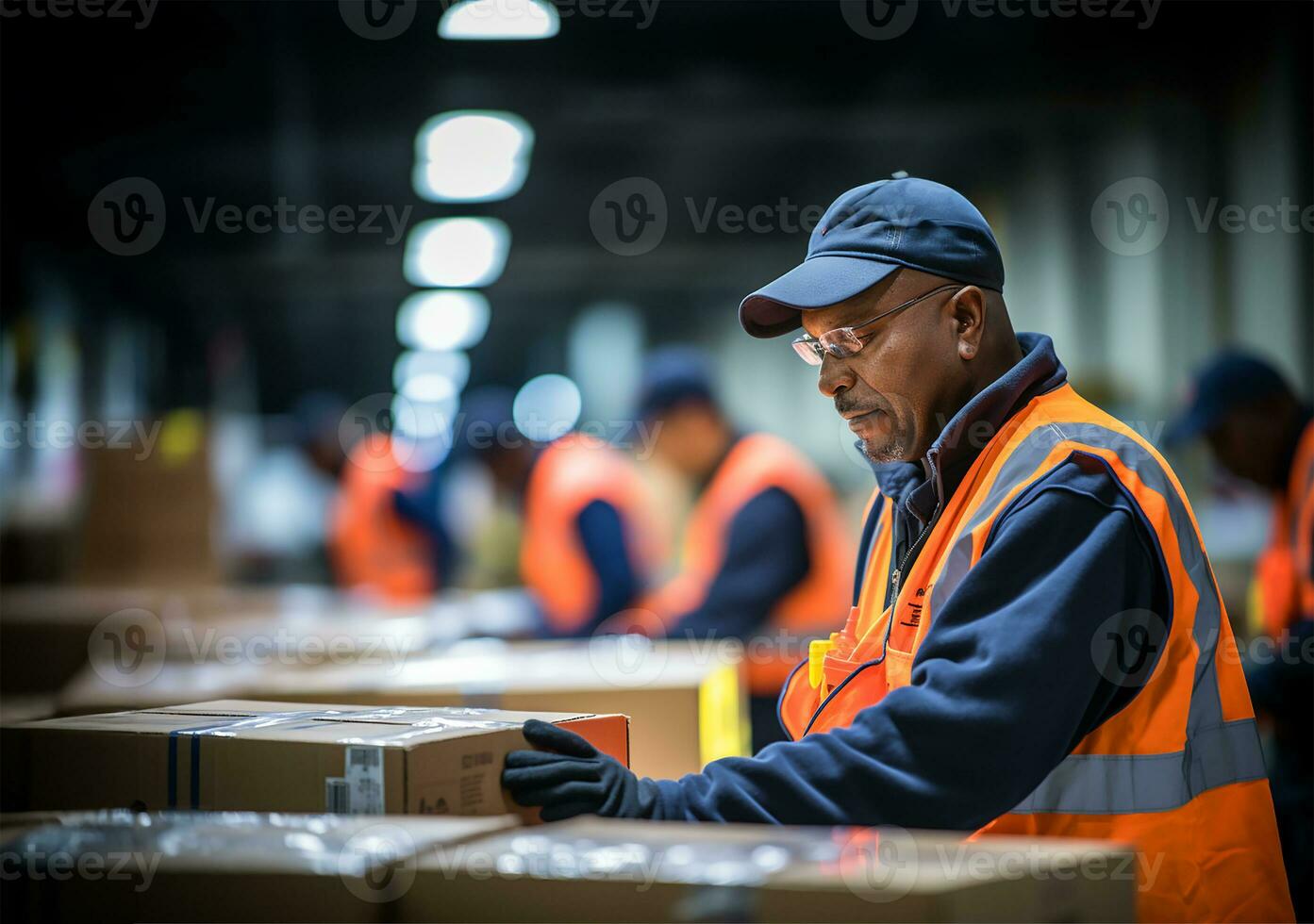warehouse employees are seen in the midst of their tasks, swiftly moving and organizing shipment boxes. AI Generated photo