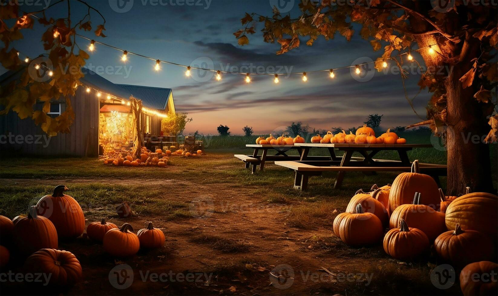 vivid spread of pumpkins sprawled across a farm during a lively autumn fall festival. AI Generated photo