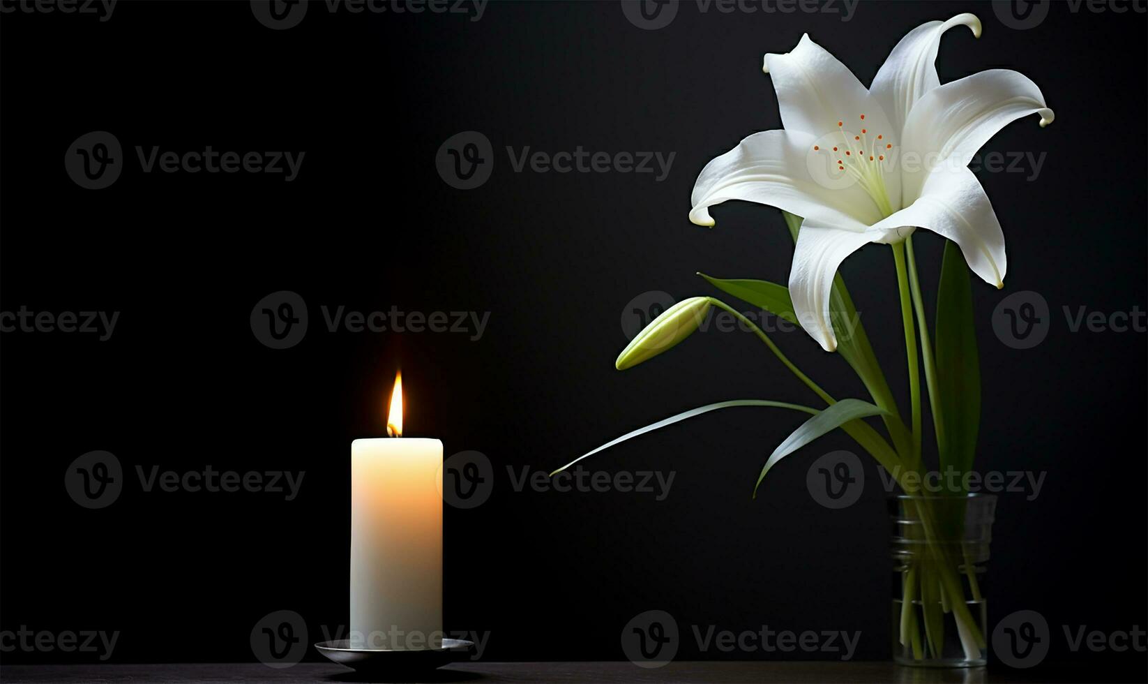 solitary and beautiful white lily placed beside a softly burning candle, set against a dark and somber background. AI Generated photo