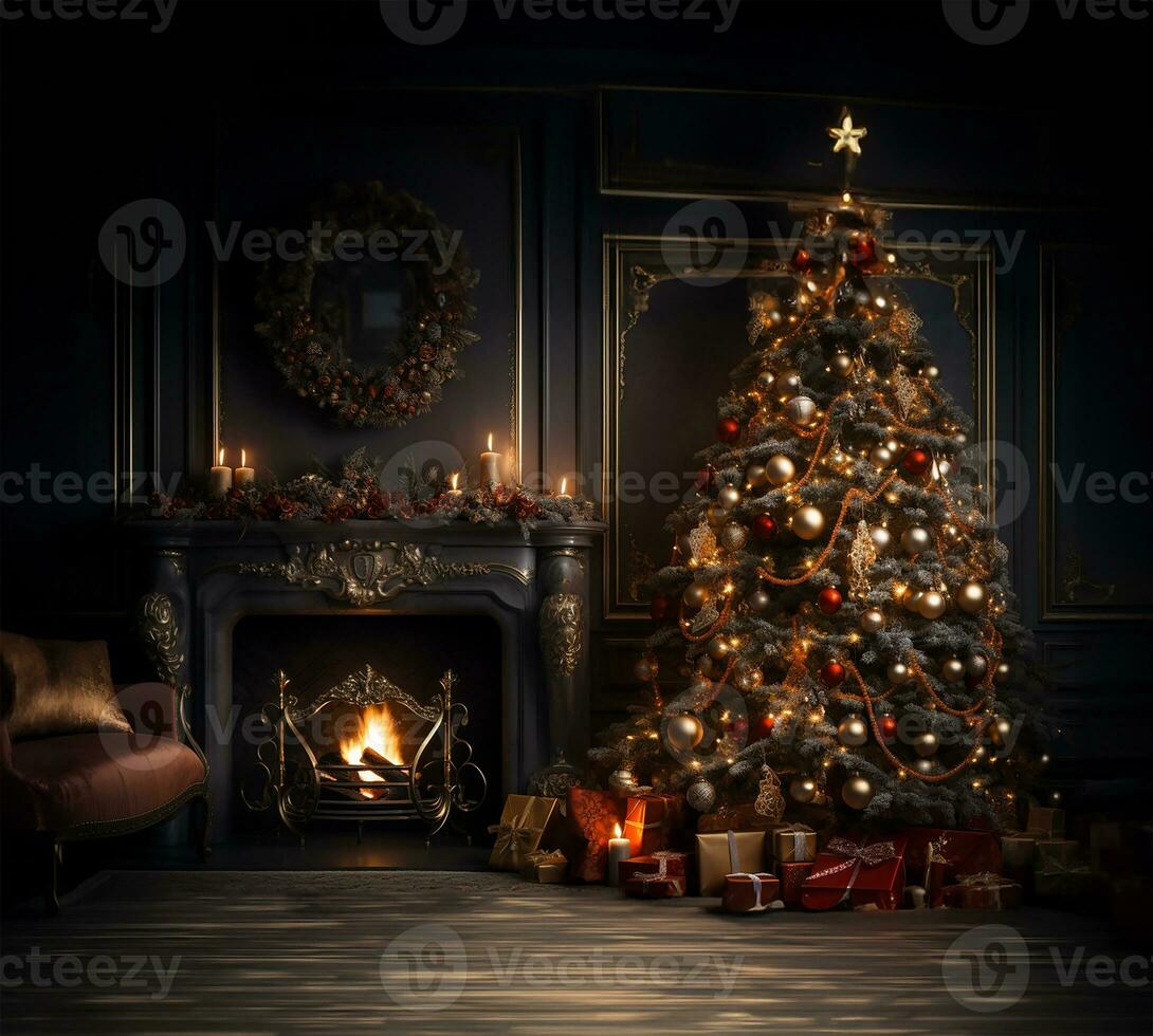 Christmas tree adorned with lights and ornaments next to a roaring fireplace in a room. AI Generated photo