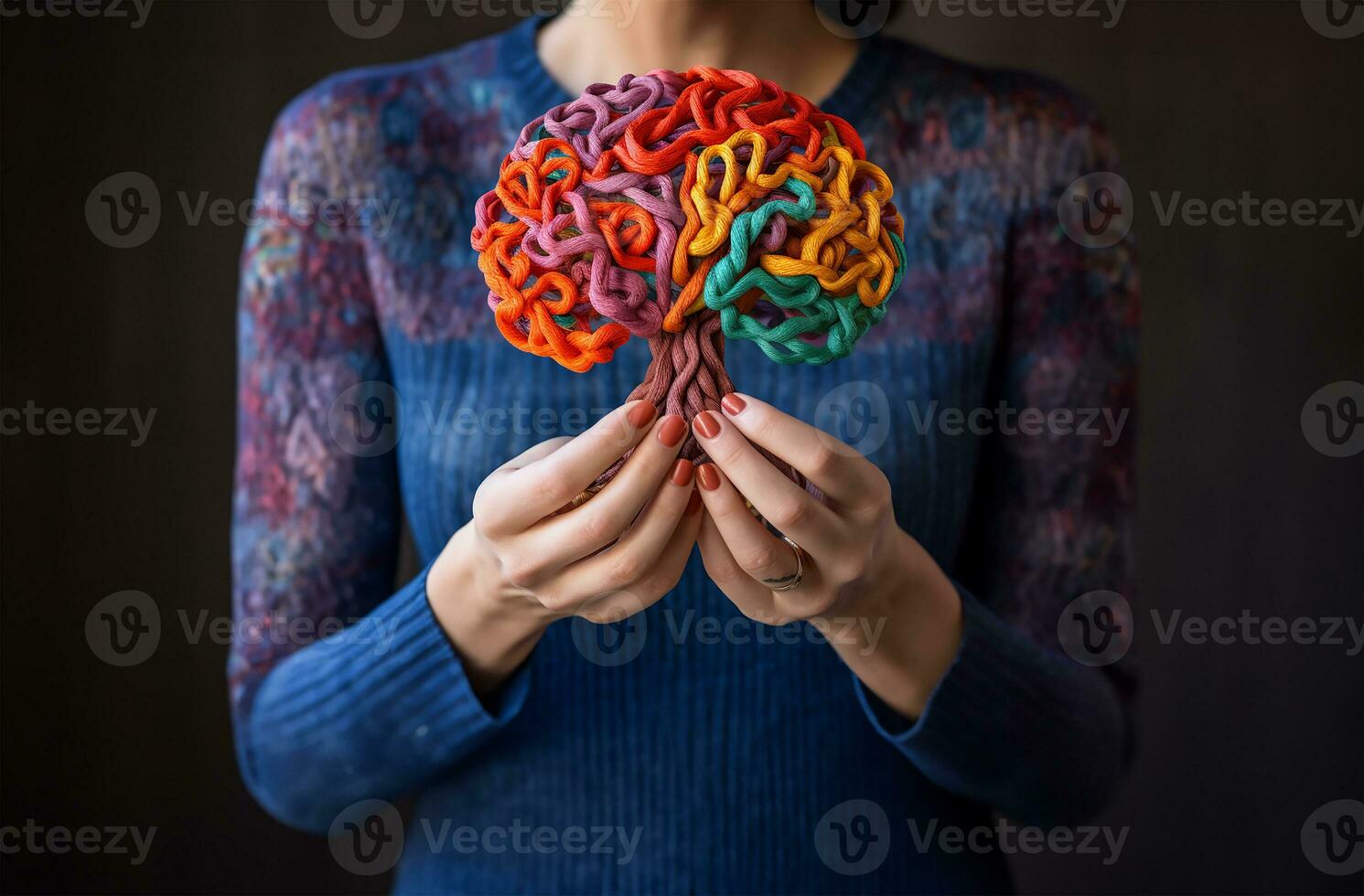 woman's hands holding multicolored yarn shaped like a brain, Capturing the essence of mental health protection. AI Generated photo