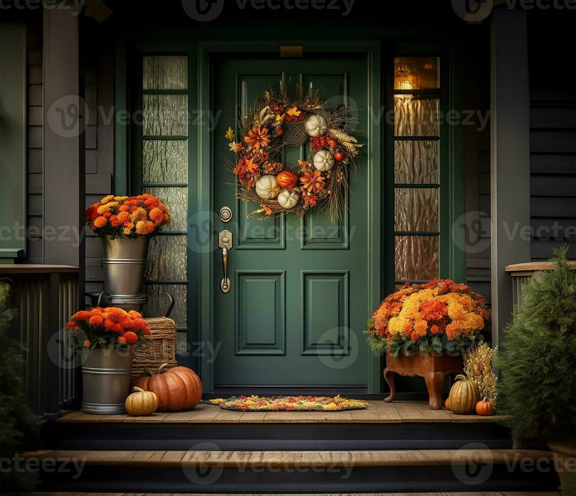 beautifully crafted fall wreath adorning a rich green front door, complemented by artful autumn flower pot arrangements gracing the steps. AI Generated photo