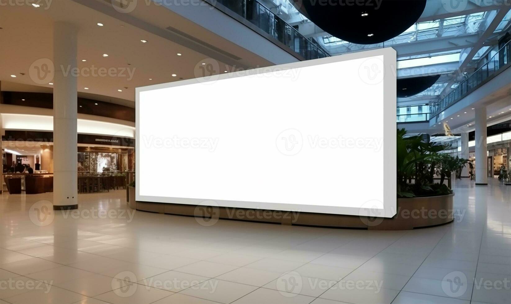 blank white mockup signboard positioned in a public shopping center. AI Generated photo