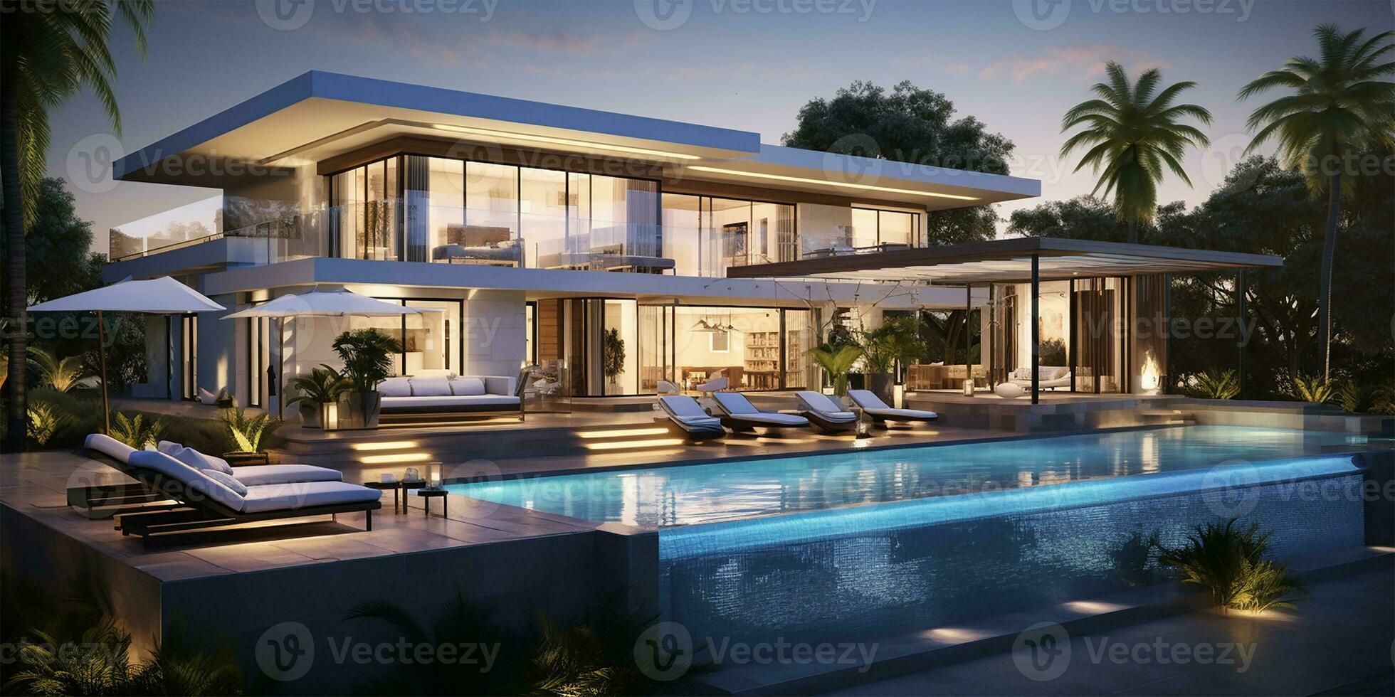A modern villa showcasing open-plan living spaces and a private bedroom. AI Generated photo