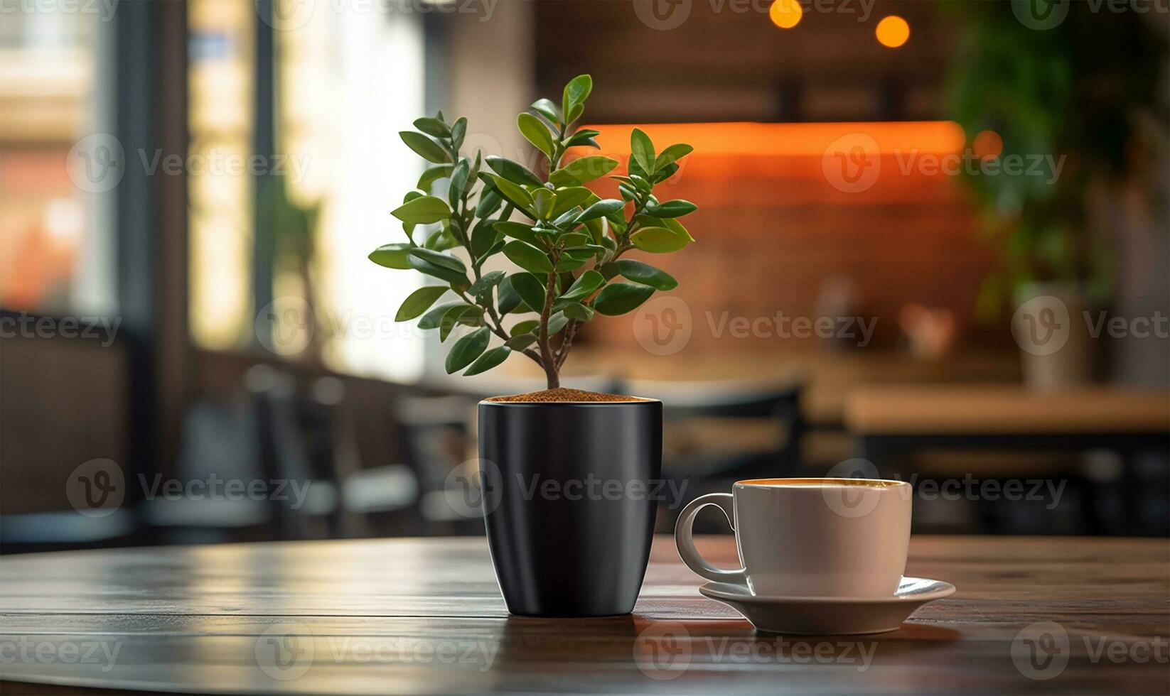 coffee cup alongside a plant. AI Generated photo