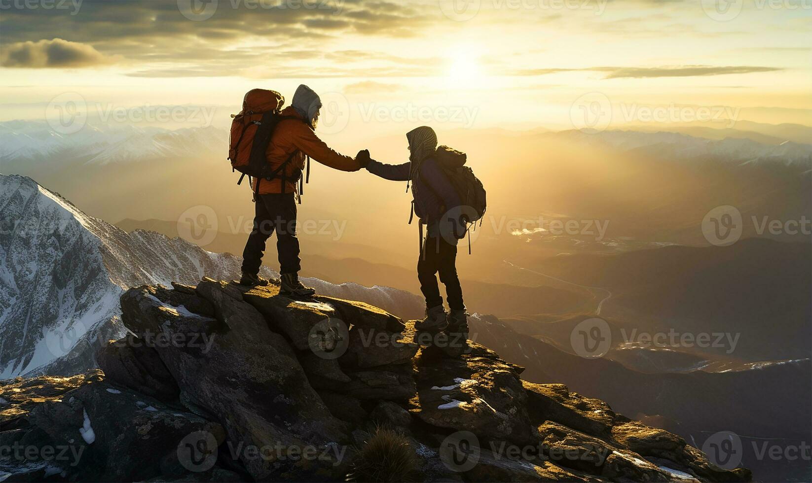 One hiker extending a hand to help a friend reach the summit of a mountain. AI Generated photo