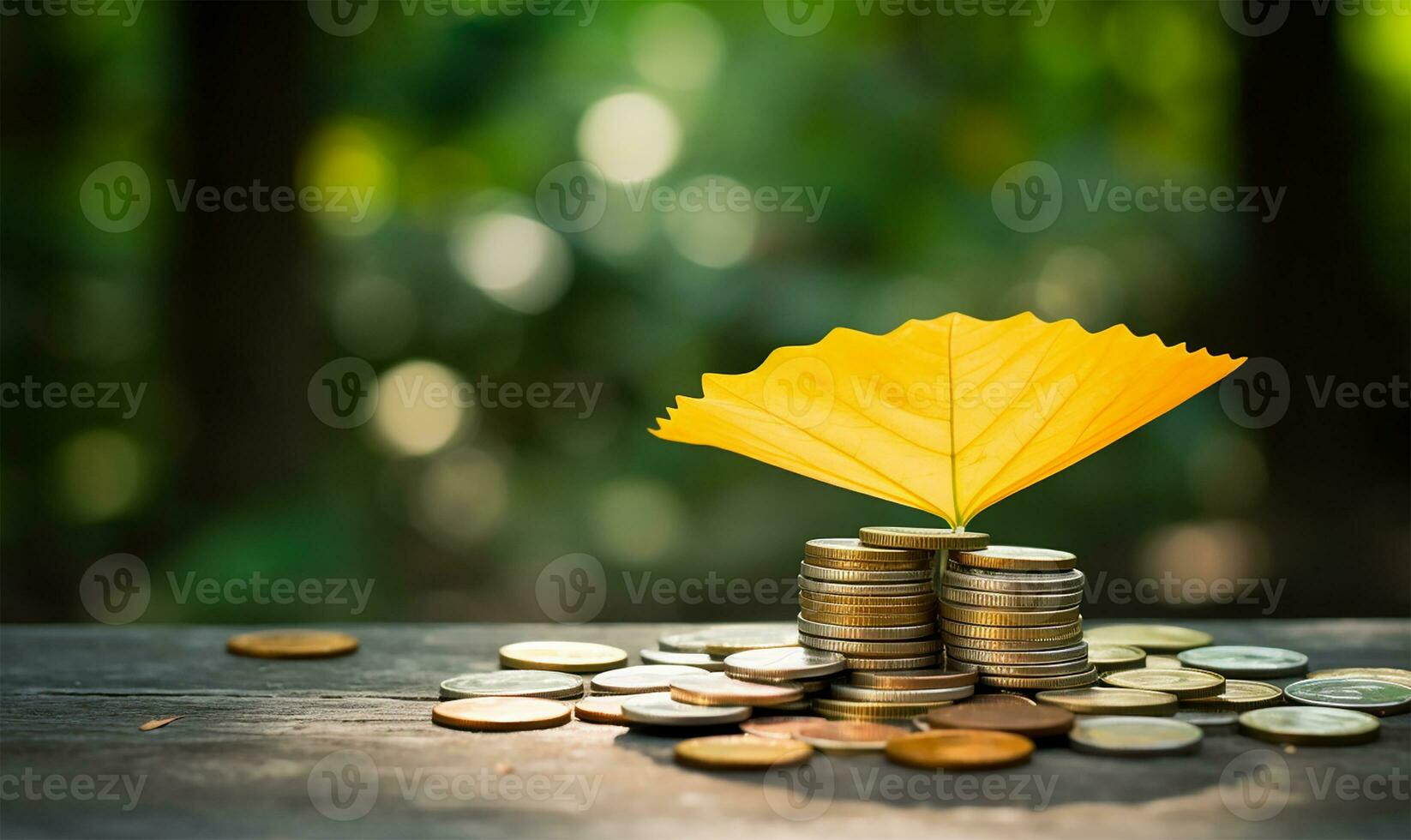 yellow umbrella shielding coins on a table under natural light. AI Generated photo