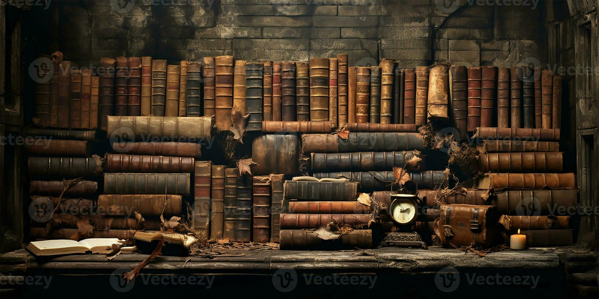 vast wall teeming with rows upon rows of ancient books. AI Generated photo