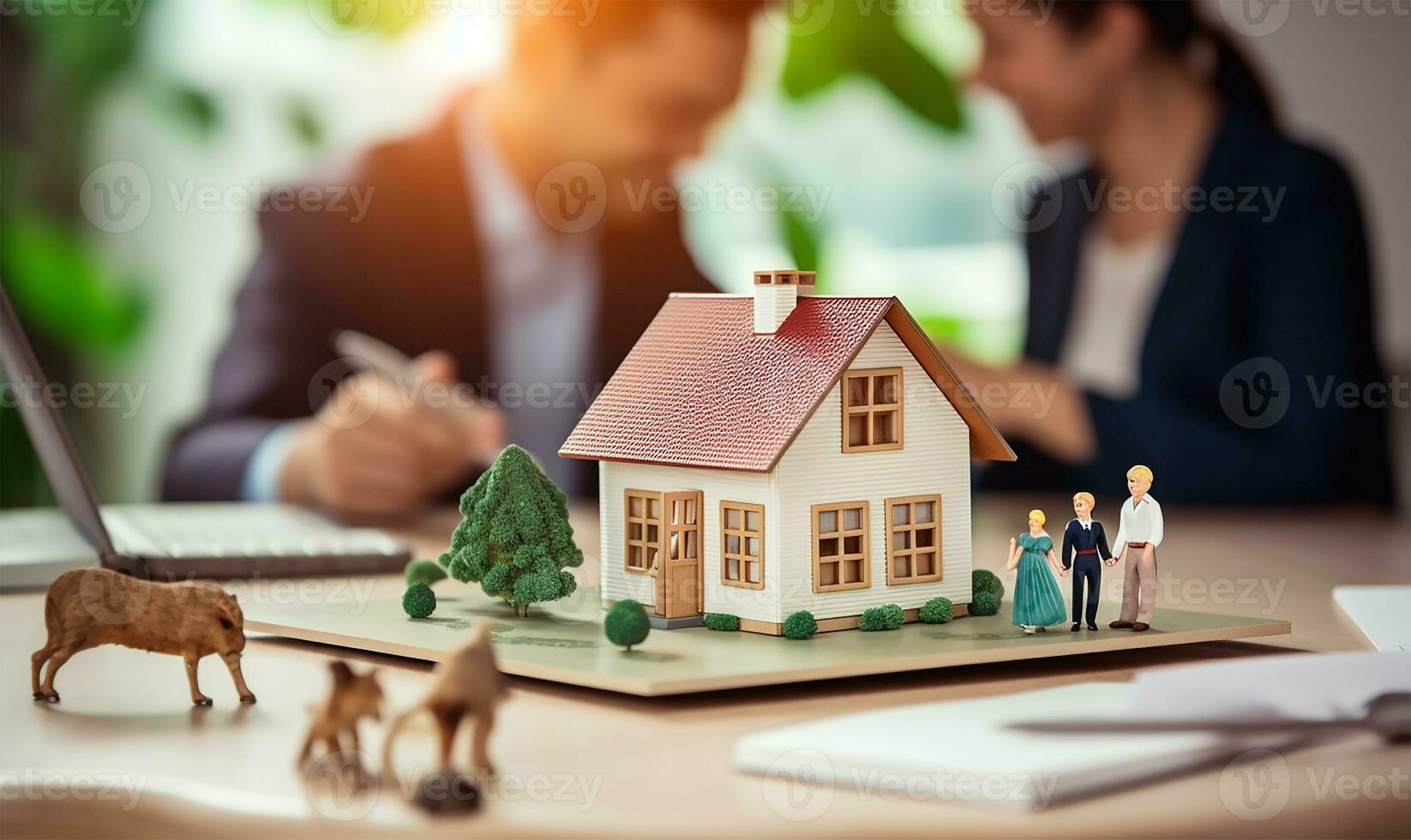 Real estate agent signing a mortgage agreement with a happy young couple with a close-up of a miniature house in the foreground. AI Generated photo
