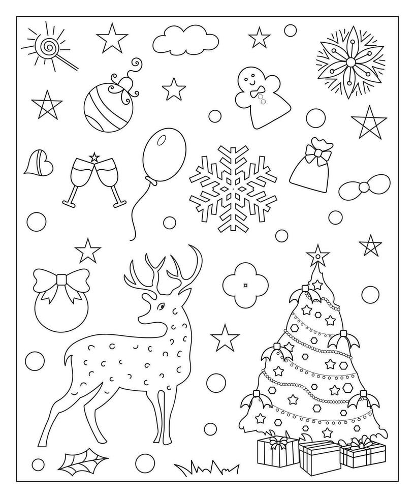 Coloring page of a decorated Christmas tree, shanta claus, ball, bell, snowman and gifts. Vector black and white illustration on white background.