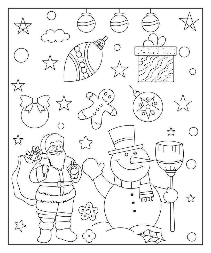 Coloring page of a decorated Christmas tree, shanta claus, ball, bell, snowman and gifts. Vector black and white illustration on white background.