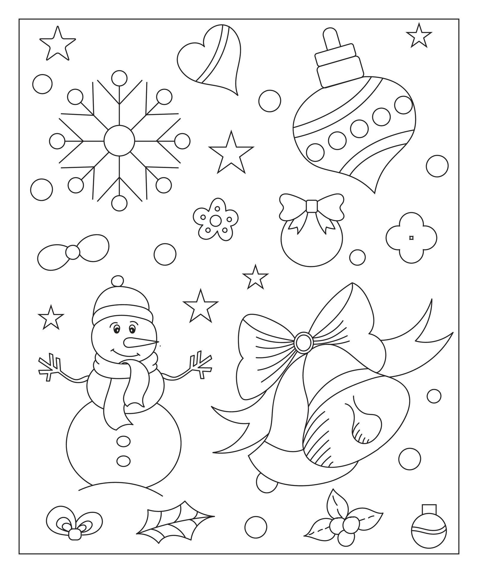 Coloring page of a decorated Christmas tree, shanta claus, ball, bell ...