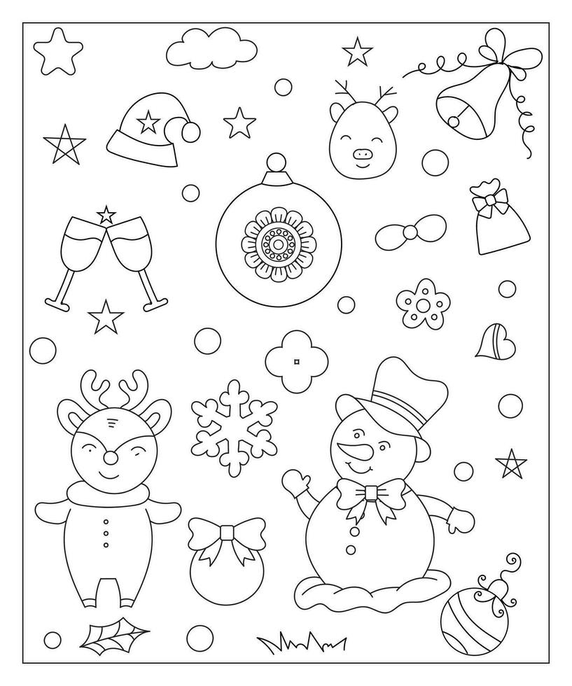 Coloring page of a decorated Christmas tree, shanta claus, ball, bell, snowman and gifts. Vector black and white illustration on white background.