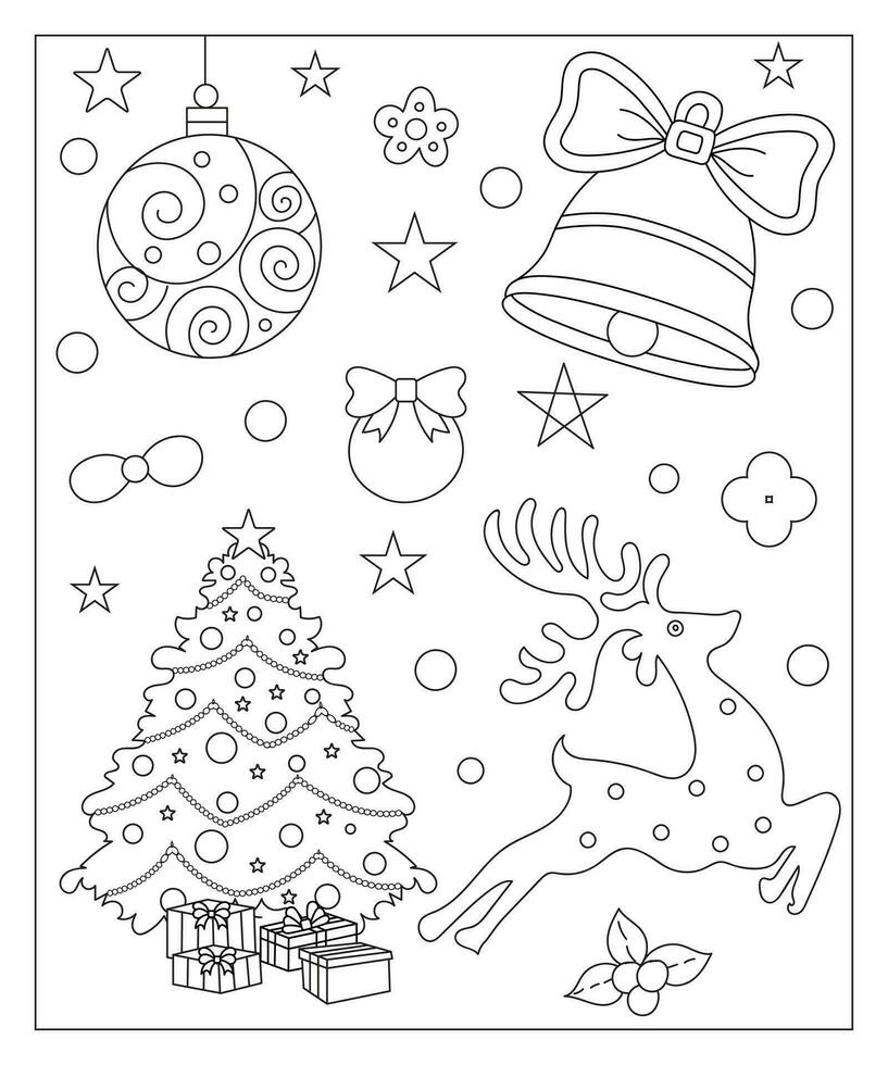 colorante página de un decorado Navidad árbol, shanta noel, pelota, campana, monigote de nieve y regalos. vector negro y blanco ilustración en blanco antecedentes.