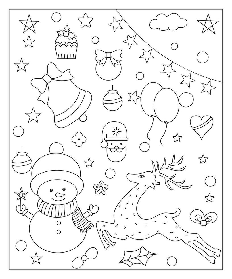 colorante página de un decorado Navidad árbol, shanta noel, pelota, campana, monigote de nieve y regalos. vector negro y blanco ilustración en blanco antecedentes.